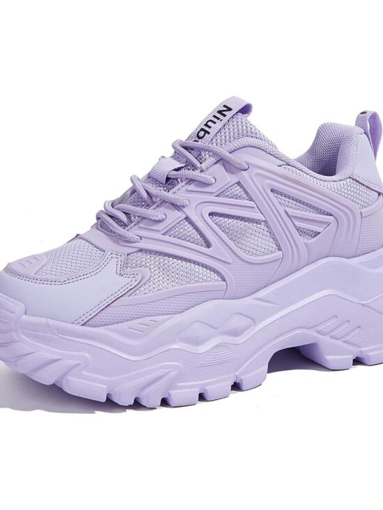 Shoes - Women's Purple Leather Chunky Lace Up Shoes Comfortable Walking Sneakers Shoes